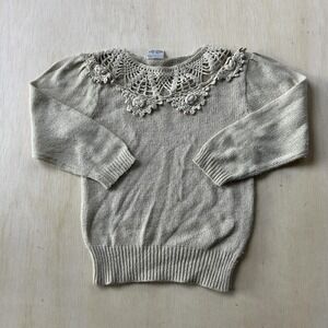 Vintage White Silk Blend Crochet Yoke Crew Neck Parrinello Sweater Womens Medium